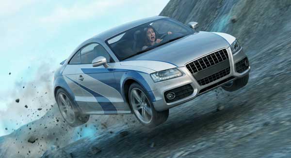 Auto rast ungebremst einen Hang hinunter.