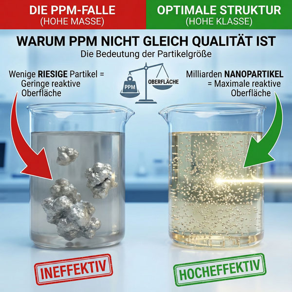 Grafik: Die Partikelgöße bei kolloidalem Silber vs. ppm