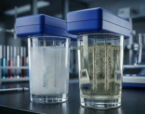 Elektrolyse in zwei Gläsern, links trüb, rechts klar gelblich